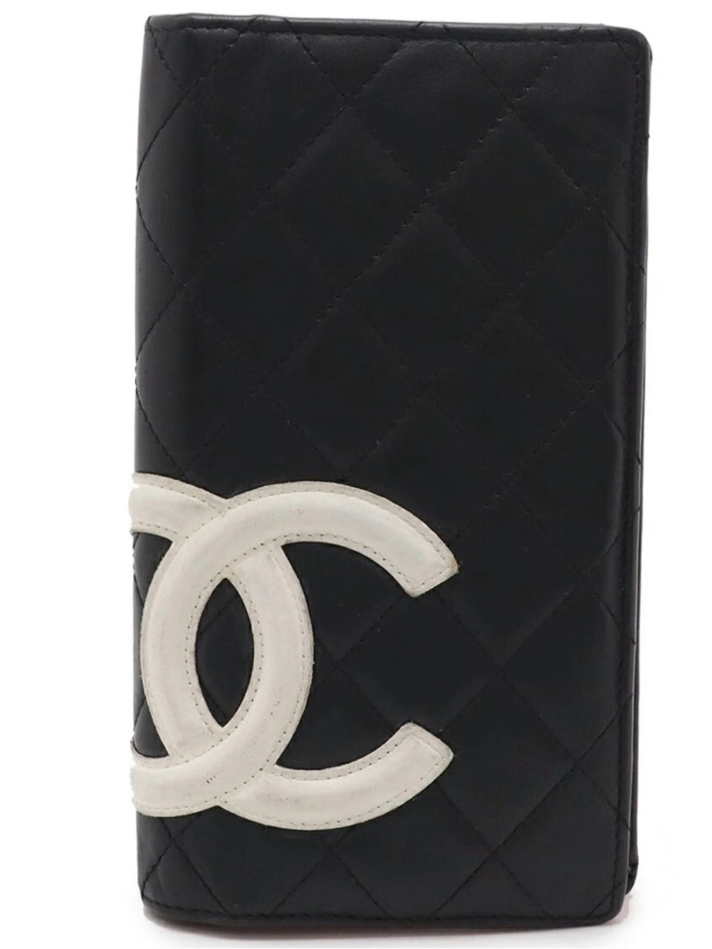 CHANEL Cambon Black Quilted Leather Long Wallet - White CC Logo